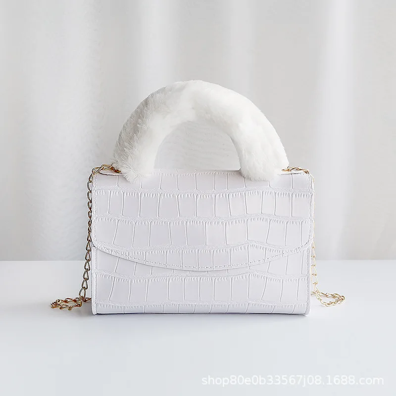 

Korean version of plush handbag 2021women handbag small bag women a generation of hair stone pattern small square bag