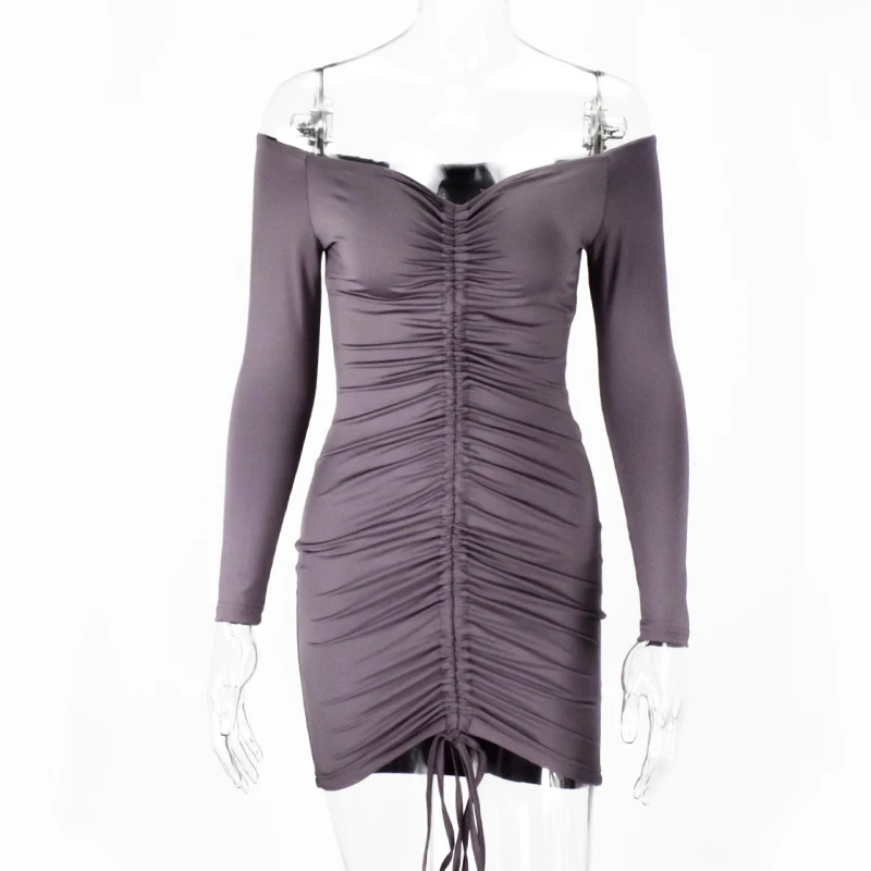 Невозьму 2 слоя осеннее платье Для женщин с открытыми плечами Drawstring Ruched Bodycon платье женские вечерние Клубные пикантные зимнее платье