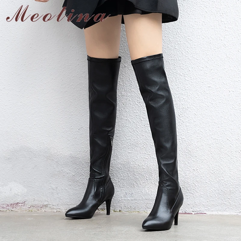 

Meotina Women Shoes Genuine Leather Boots Thin High Heel Ladies Zipper Pointed Toe Over The Knee Boots Autumn Winter Black 33-39