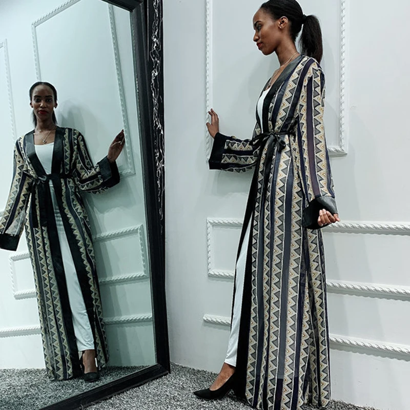 Geometrical Printing Open Kimono Abaya Cardigan Gown Long Sleeves Women Muslim Arab Dubai Turk Modest Wear Chic Dress | Тематическая