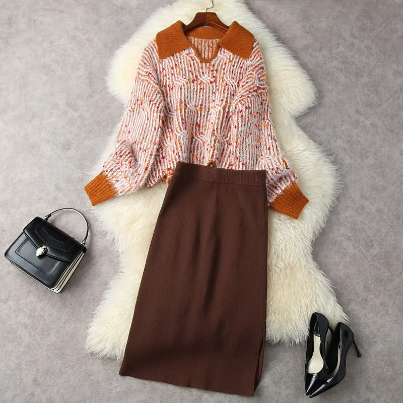 

Осенне-зимний шерстяной вязаный комплект из двух предметов для женщин 2021 Дизайнерский Модный свободный свитер топ и юбка-карандаш костюмы ...