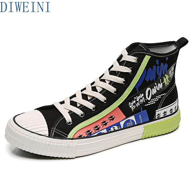 

2020 Women Vulcanized Shoes Student Autumn New Graffiti Canvas Shoes Flat Fashion Trend Comfortable High top Shoes Women
