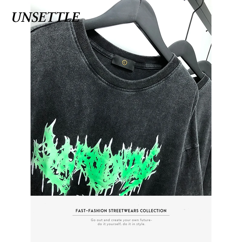 UNSETTLE Мужская футболка с коротким рукавом тяжелая ткань уличная мода панк-рок