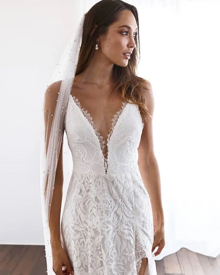 Богемное свадебное платье сексуальное с v образным воротом низким вырезом на