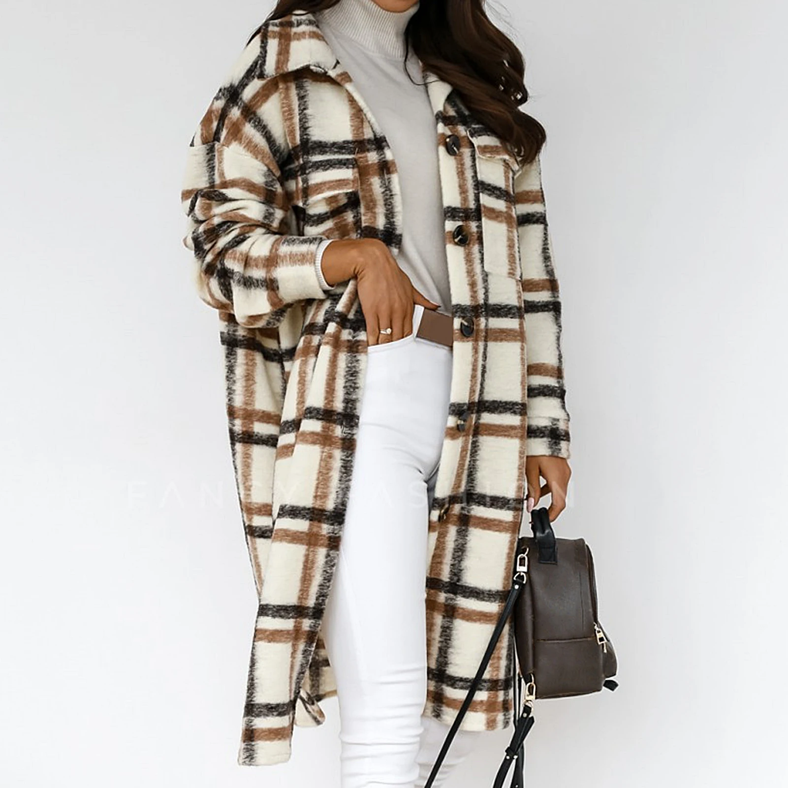 

Women's Winter Autumn Coat Fashion jacket woman Casual Plaid Lapel Buttons Knee-length Ladies Coat Outer Wear Korean Coat 2021