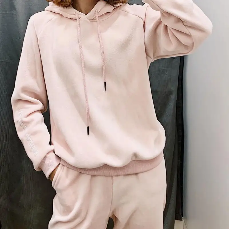 Jvzkass new thick velvet sports suit two-piece female hooded embroidery sweatshirt+ casual pants to keep warm Z332