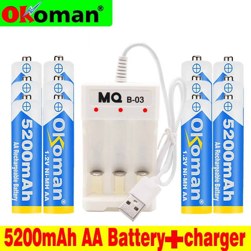 100% New 1.2V AA 5200mAh NI MH Pre-Charged Batteries Ni-MH Rechargeable Battery For Toys Camera Microphone with charger | Электроника