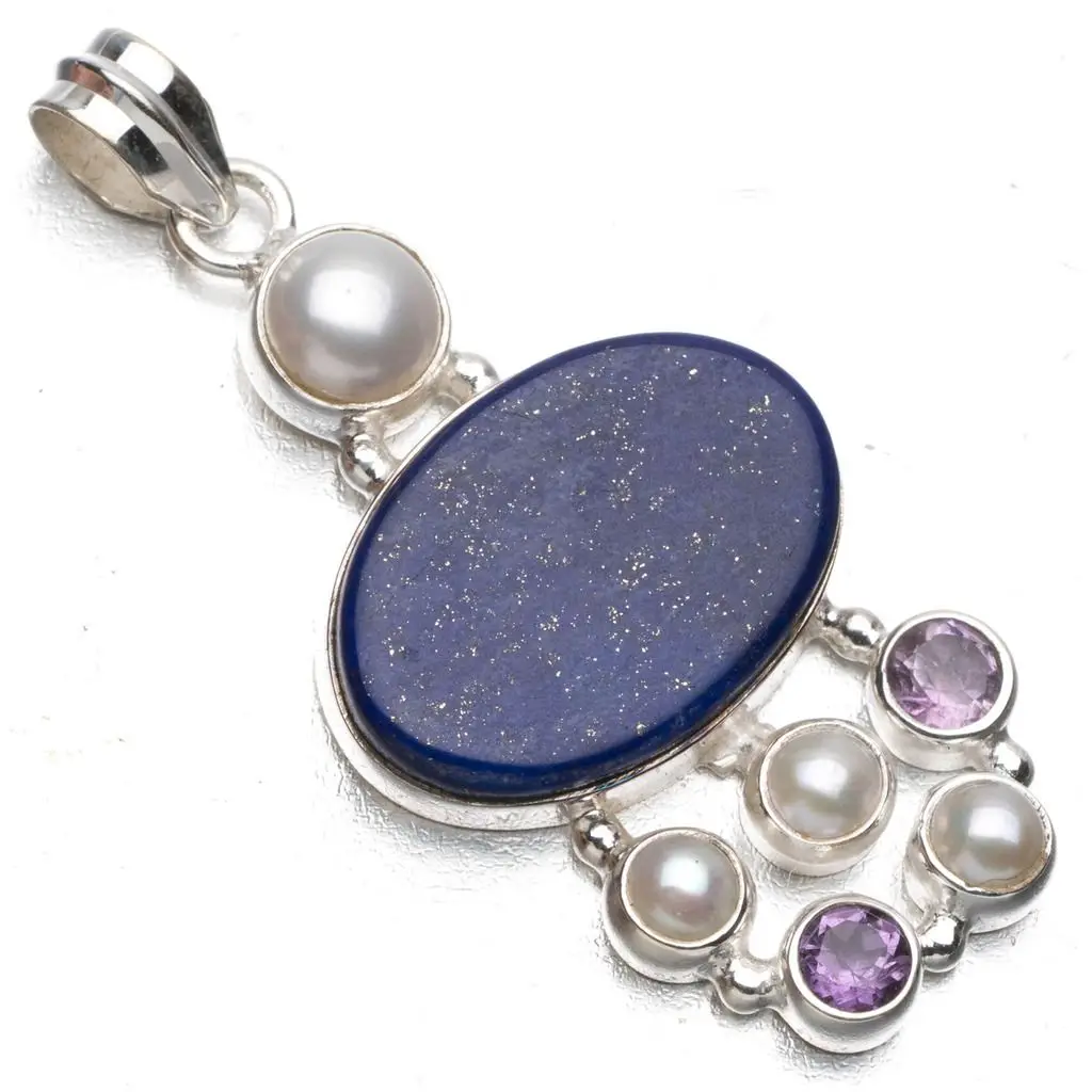 Натуральный Лазурит речной жемчуг и Аметист панк стиль 925 пробы серебряный кулон