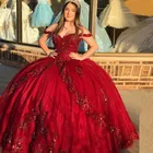 Великолепное темно-Красное Кружевное платье Quinceanera для милых 15-летних бальных платьев для выпускного вечера сексуальные платья с открытыми плечами