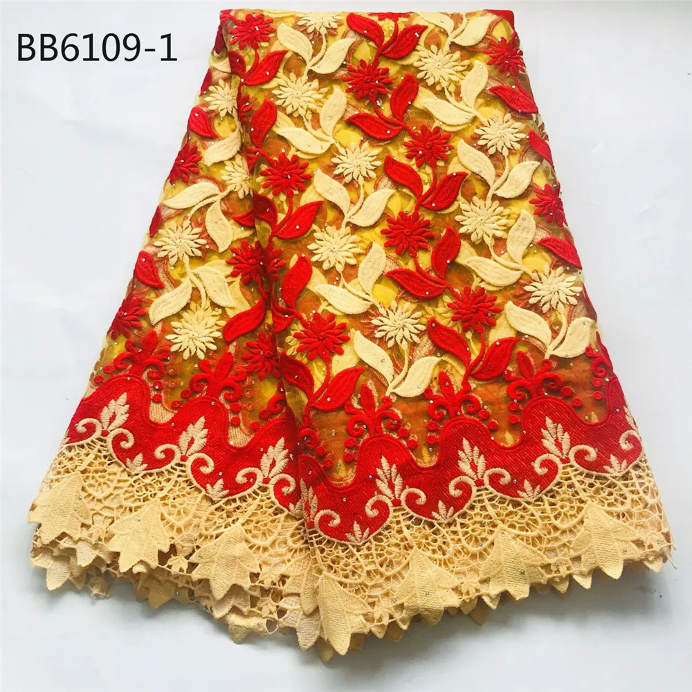 Хорошее качество красный и желтый полиэстер Вышитая кружевная Ткань 5 ярдов