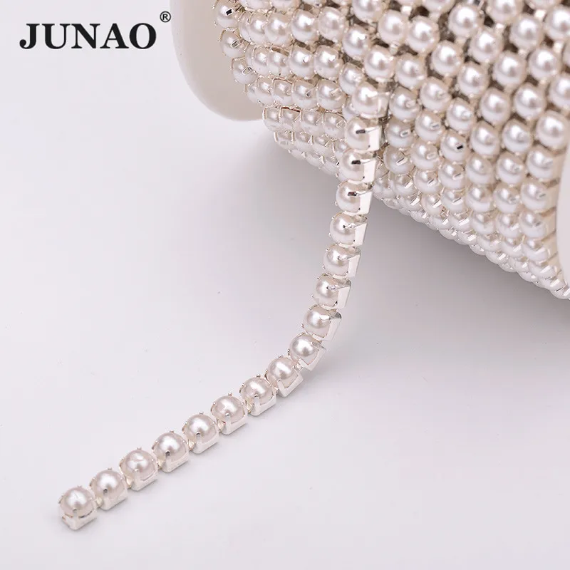 JUNAO 10 ярдов SS6 2 мм белые жемчужные бусины Стразы цепочка для шитья аппликации