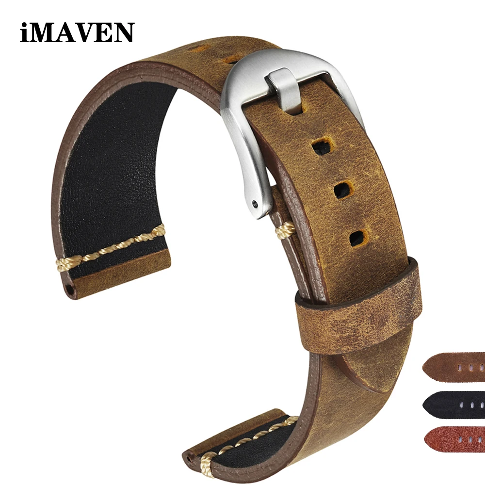 

Genuine Leather Watch Band Straps For Men's 22mm 24mm Watchband Cow Leather Wrist Vintage style Watch Straps 5 colors
