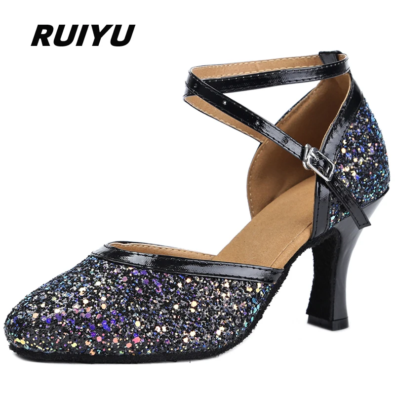RUIYU Women's Latin Dance Shoes Adult Soft Tango Salsa Sports Dance Shoes Fashion Sequins Black and White