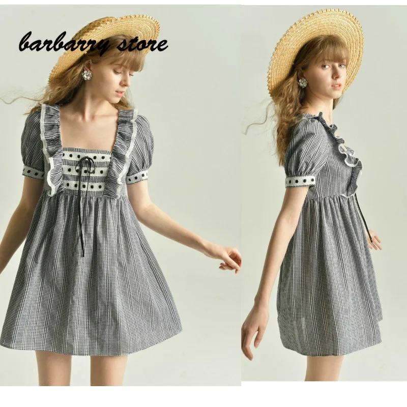 

Женское платье в клетку, кружевное ТРАПЕЦИЕВИДНОЕ ПЛАТЬЕ с квадратным вырезом и пышными рукавами, контрастная юбка с оборками, 21 штука