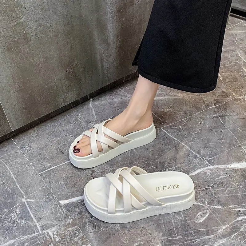 

Simple Women's Slippers Casual Fashion Cross Vamp Thick-soled Versatile Open-toed Elegant Solid Color Women's Slippers 2021