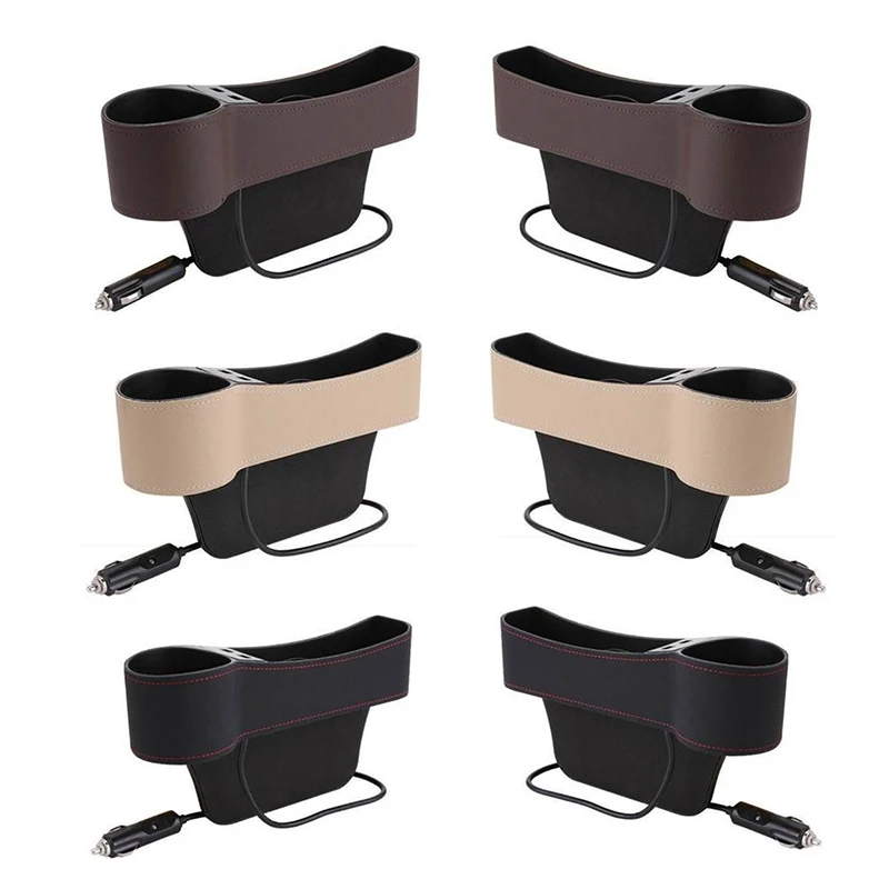 

Car Cup Drink Holder Storage Box Console Seat Gap Organizer With Dual USB Charger Ports Side Pocket Universal Car Auto Storage