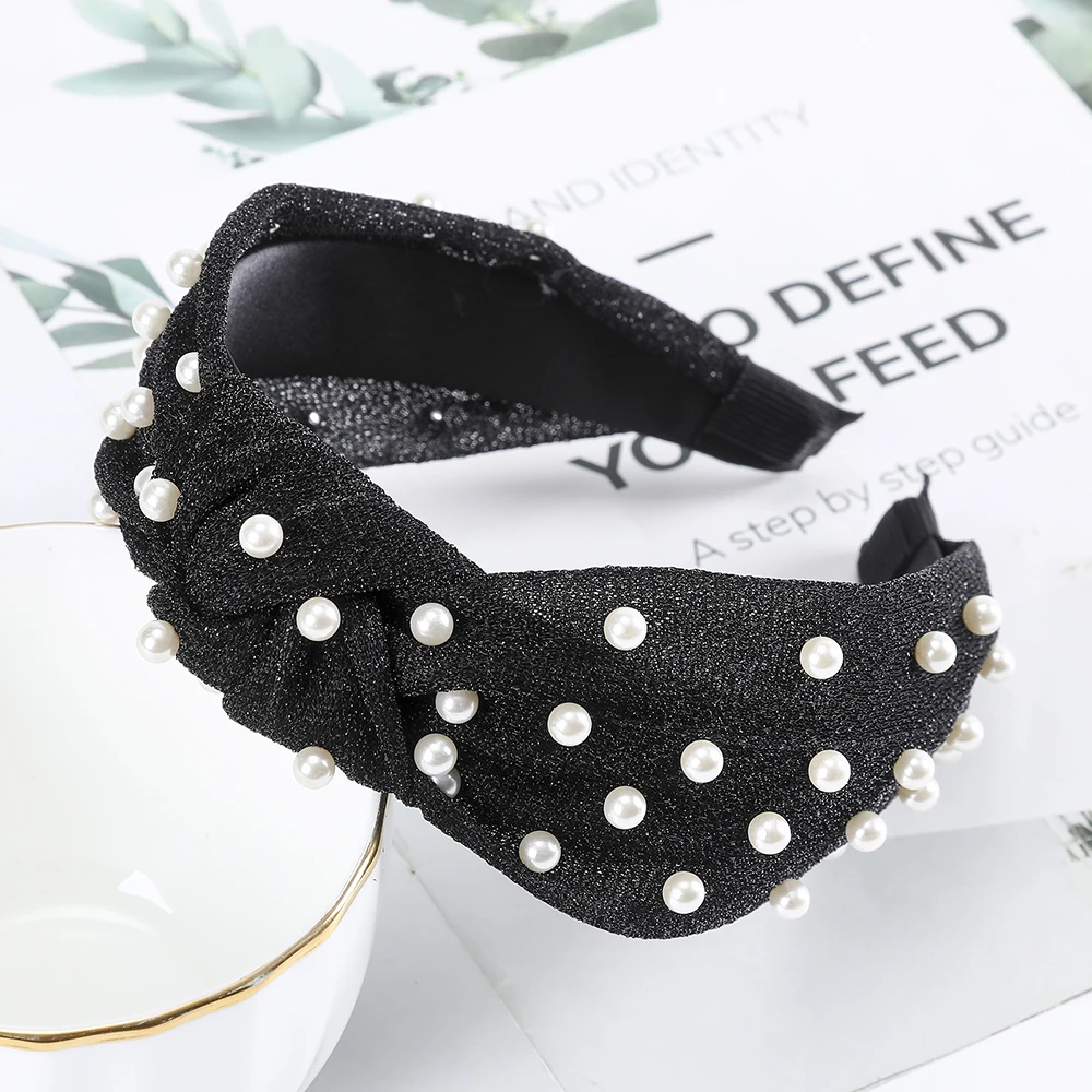 Повязка на голову женская с жемчужинами модный широкий ободок из матовой ткани