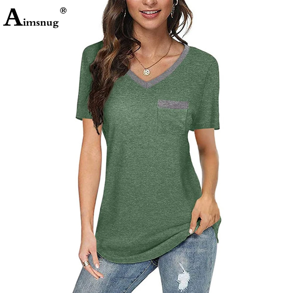 

Women T-shirt 2021 Summer New Ptachwork Pocket Basic Tops Short Sleeve Tees Clothing Casual Loose Plus size Femme Shirt Jersey