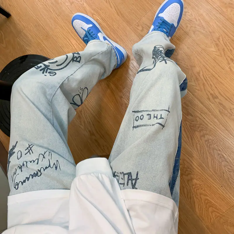 2021 Men's Baggy Homme Cargo Pocket Classic Jeans Black/blue Color Loose Printing Casual Pants Biker Denim Trousers Size M-2XL