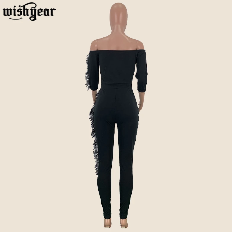 

Feather Patchwork Off Shoulder Jumpsuit Women Slash Neck Long Sleeve Bodycon Jumpsuit Women Sexy Body Clubwear Skinny Overalls