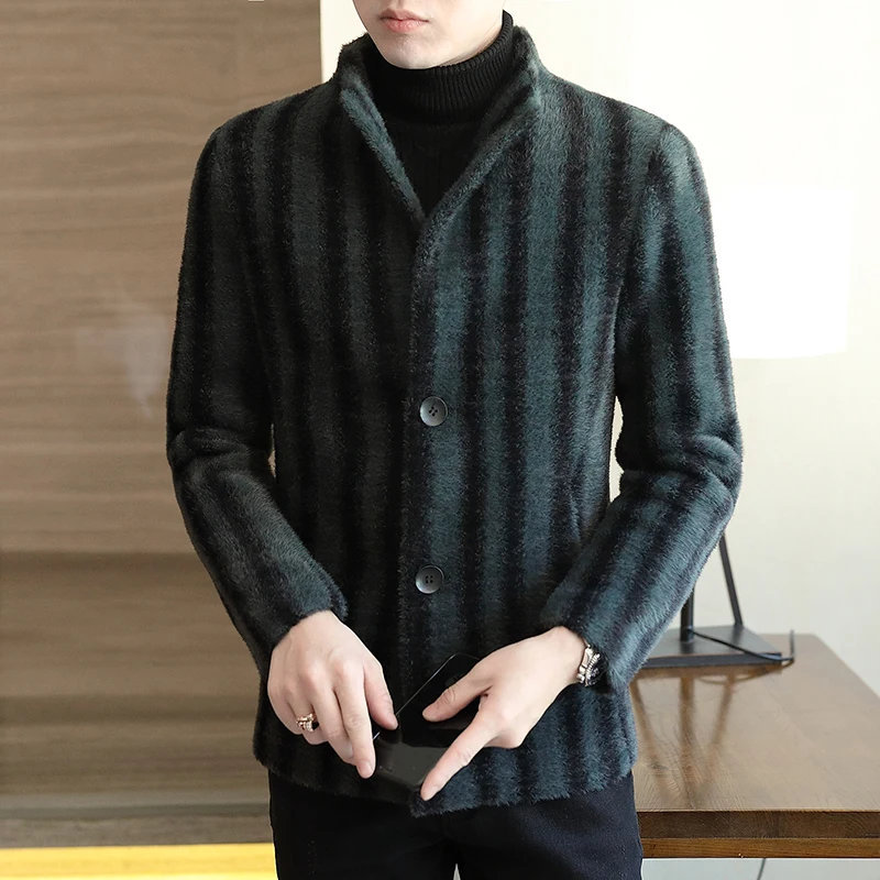 

2021 new autumn winter men's fashion brand striped coat windbreaker lapel slim short wool coat thick coat woolen windbreaker men