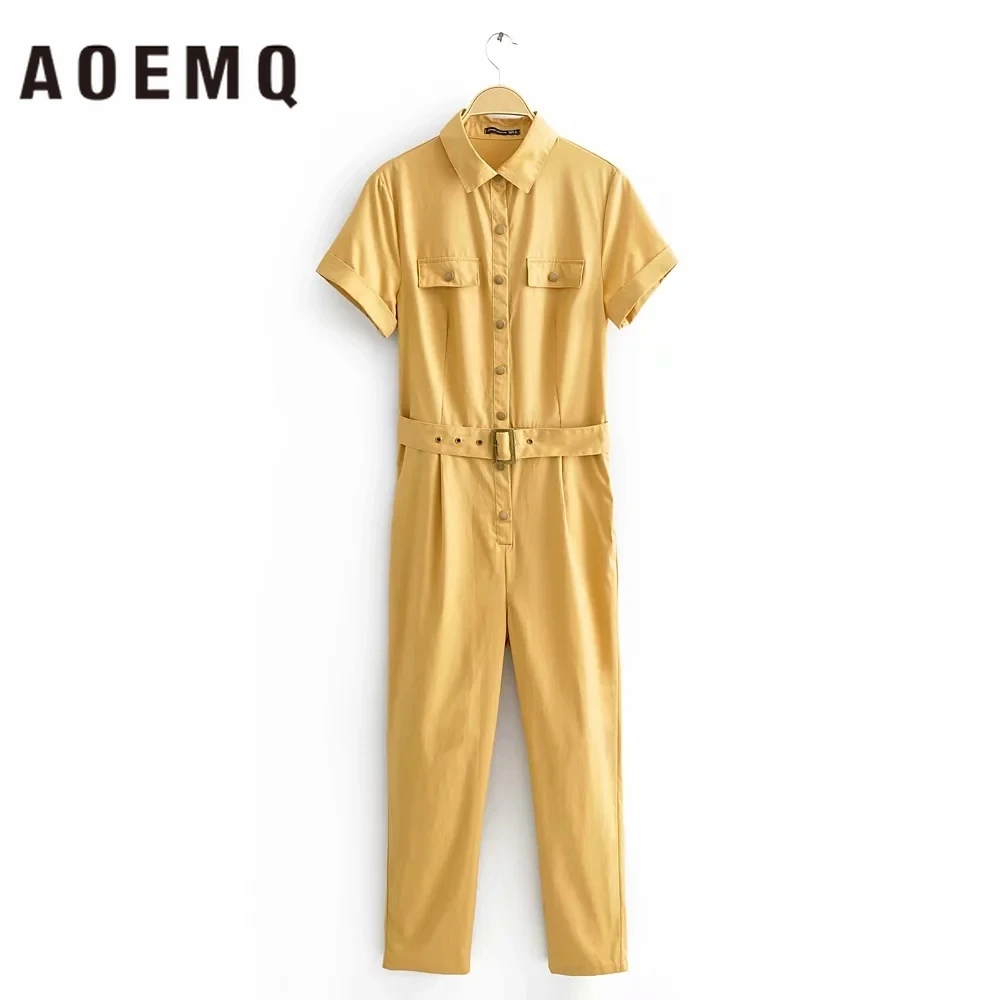 AOEMQ модные комбинезоны офисные женские с воротником стойкой ремнем и