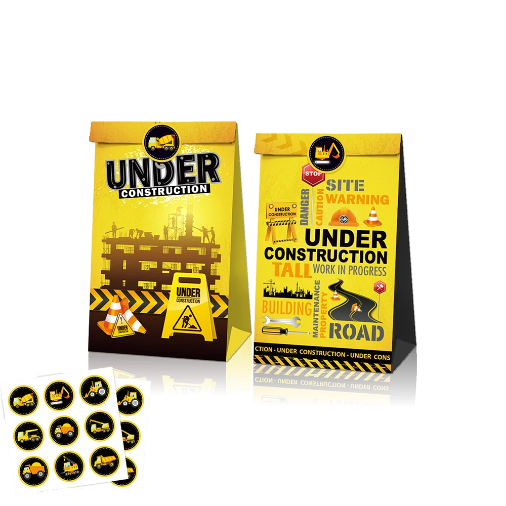 

12pcs Boys Under Construction Car Truck Excavator Happy Birthday Party Paper Gift Candy Bags for Baby Shower Kids Party Favors