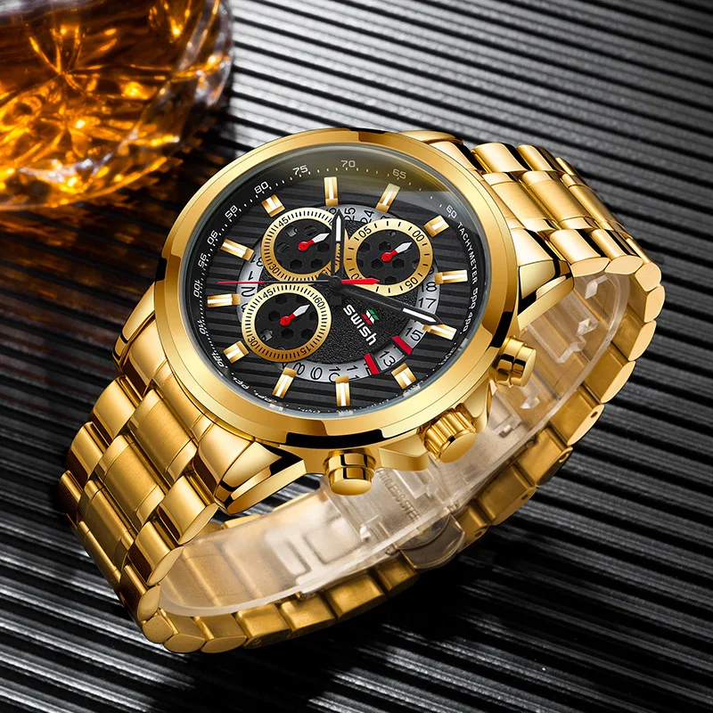 

Часы наручные мужские с хронографом, роскошные золотистые многофункциональные Кварцевые водонепроницаемые спортивные