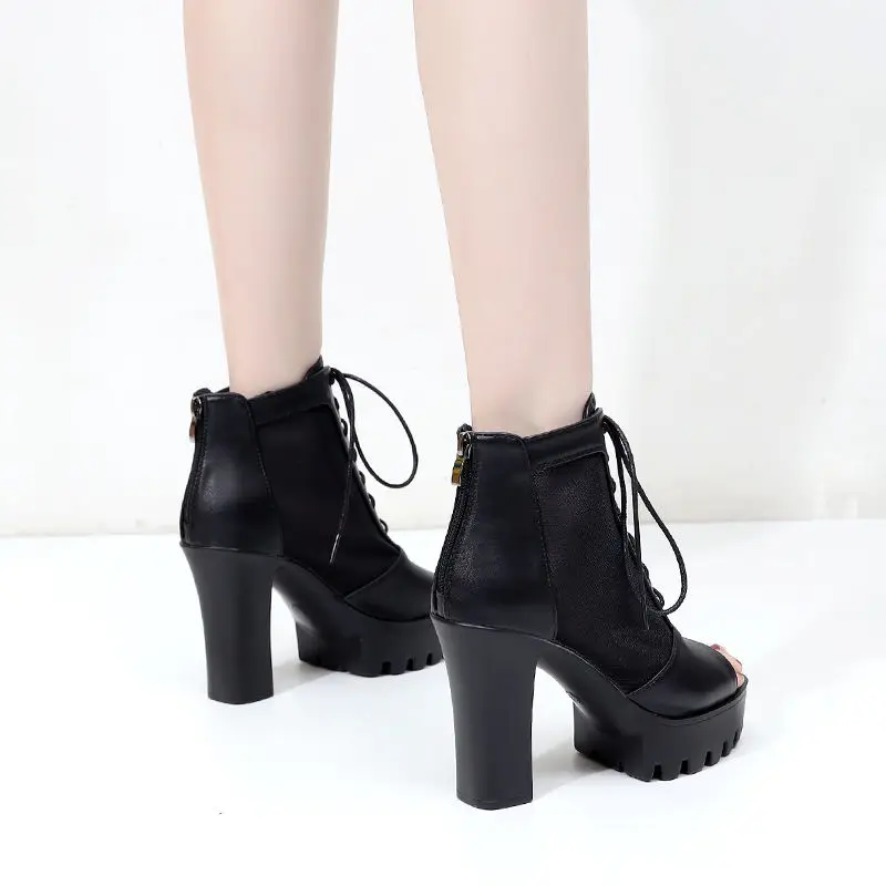 

Women's Sandals 2021 New High Heels Trendy Summer Fashion Outerwear Sandal Peep Toe Mesh Chunky Heel Height Increasing Lace-up