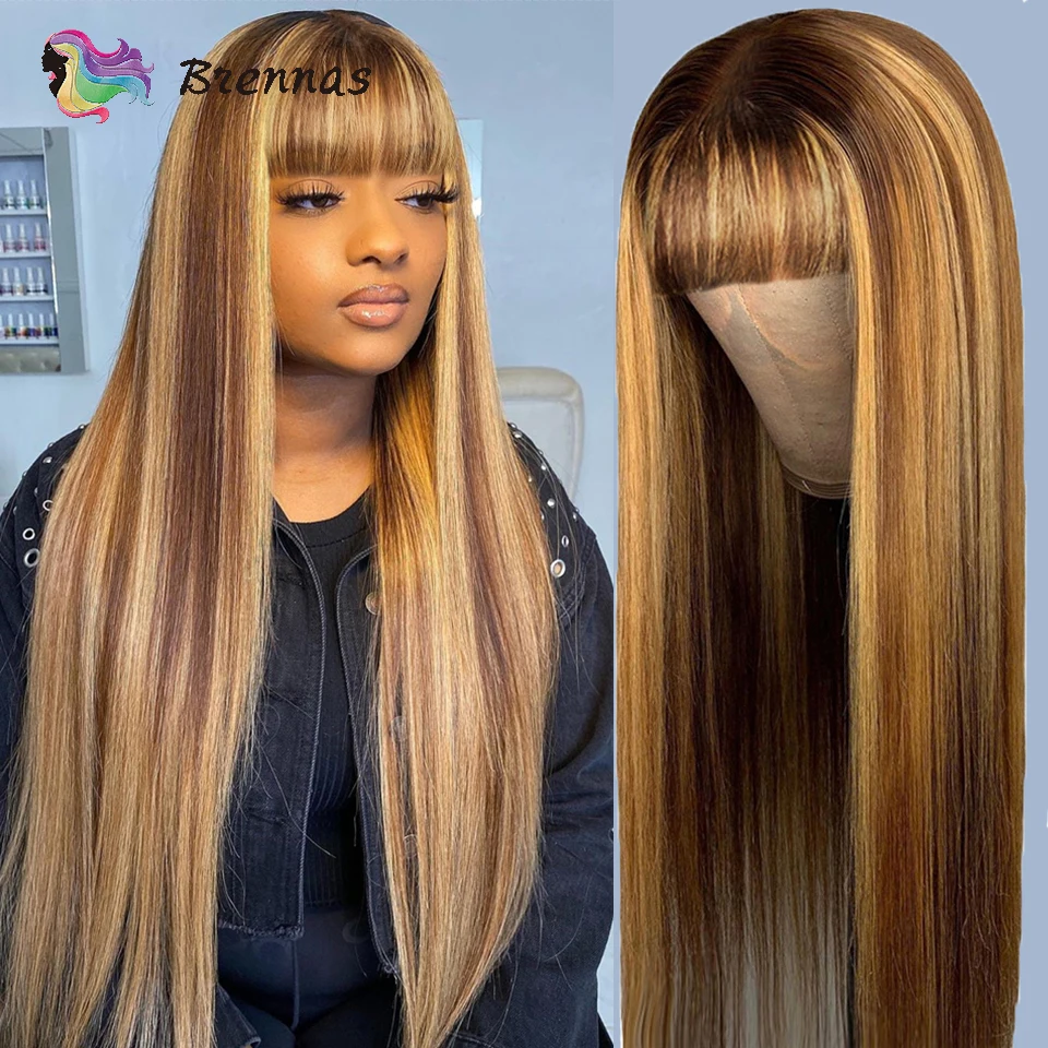 Highlight Color Straight Human Hair Wigs With Bangs Brazilian Glueless Machine Made Honey Blonde Ombre Wig Remy Hair Piano 4/27