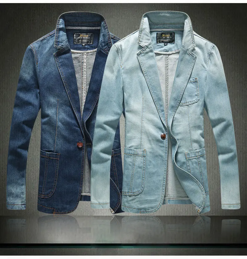 Мужской повседневный джинсовый пиджак синяя хлопковая джинсовая куртка