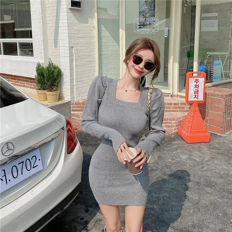 

Fashion sexy square neck slim knit dress 2021 spring new Korean sweet puff sleeve mini skirt