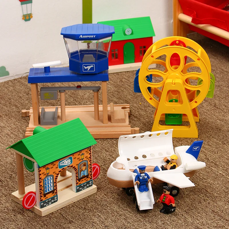 Aeroporto de brinquedo em madeira, ideal para trânsito de brinquedo, carro, torre de sinal de aeroporto, avião com estação de madeira, presente para meninos e meninas