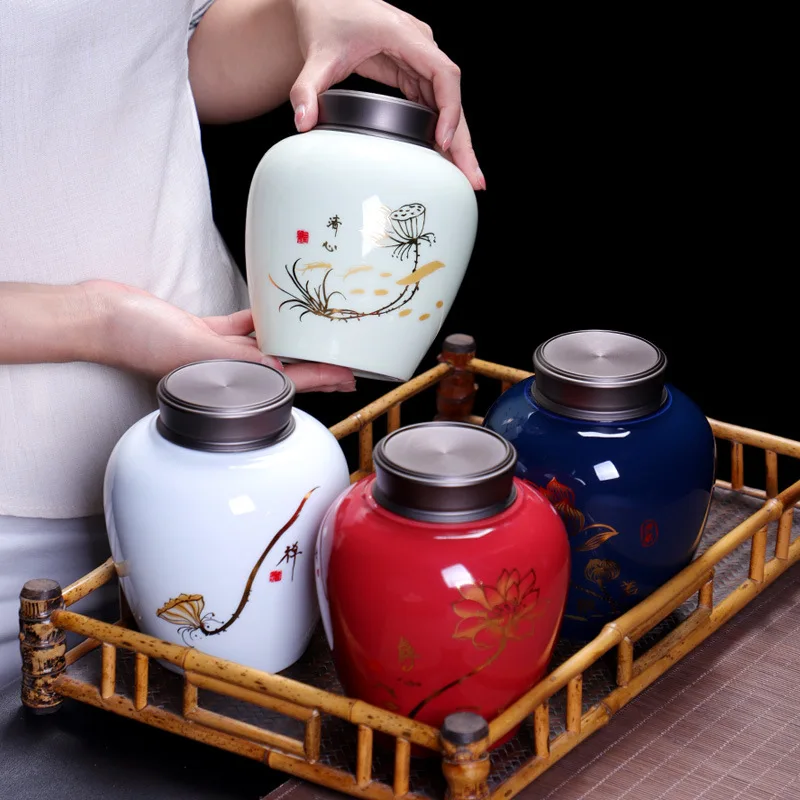 

Simple Ceramic Tea Double Cans One Catty Cloth Gift Box Moisture-proof Sealed Storage Jar Tea Container Tea Storage
