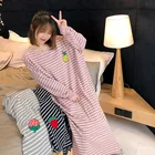 2022 Женская одежда для сна, летняя женская одежда, ночное платье, милая свободная полосатая одежда для сна с длинным рукавом и вышивкой, Мультяшные пижамы, пижамы