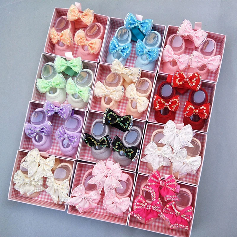 

2Pcs/Lot Cute Baby Girl Headband Socks Set Princess Lace Bow Elastic Headbands NewBorn Baby Shower Gift Baby Hair Accessories