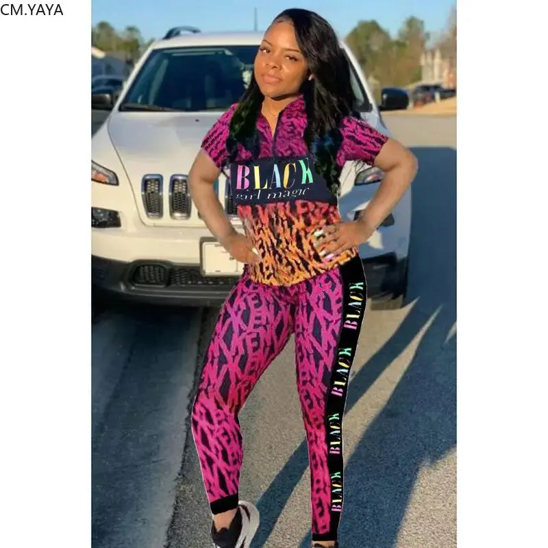 Женский спортивный костюм CM.YAYA черная футболка с принтом волшебных букв для