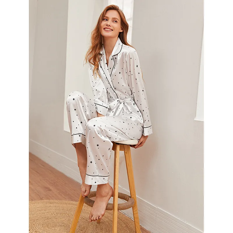 Women Stain Pajama Set Silk-like Glossy Piped Long Sleeve Top and Pants Full Printed Nightwear Ladies Homewear Loungewear