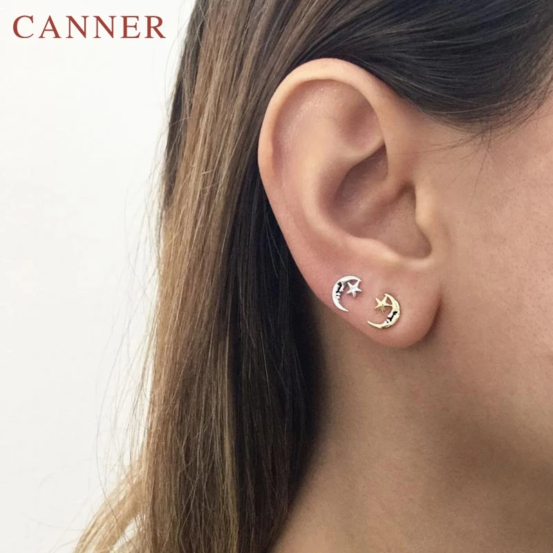 Простые серьги гвоздики в виде звезды луны из стерлингового серебра 925 пробы с