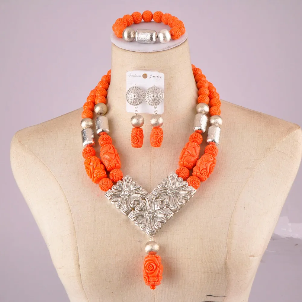 

graceful african wedding coral necklace orange nigerian coral beads carved flower artificial coral jewelry set C21-20-03
