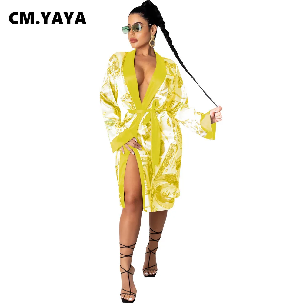 CM.YAYA Women Autumn Winter Benjamin US Dollar Print Open Stitch With Sashes Sleepwear Dress Bodycon Night Club Party Vestidos | Женская