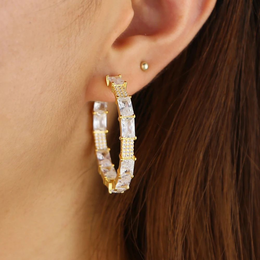 geometric square baguette cz pastel colorful huggie hoop earring stunning trendy women jewelry