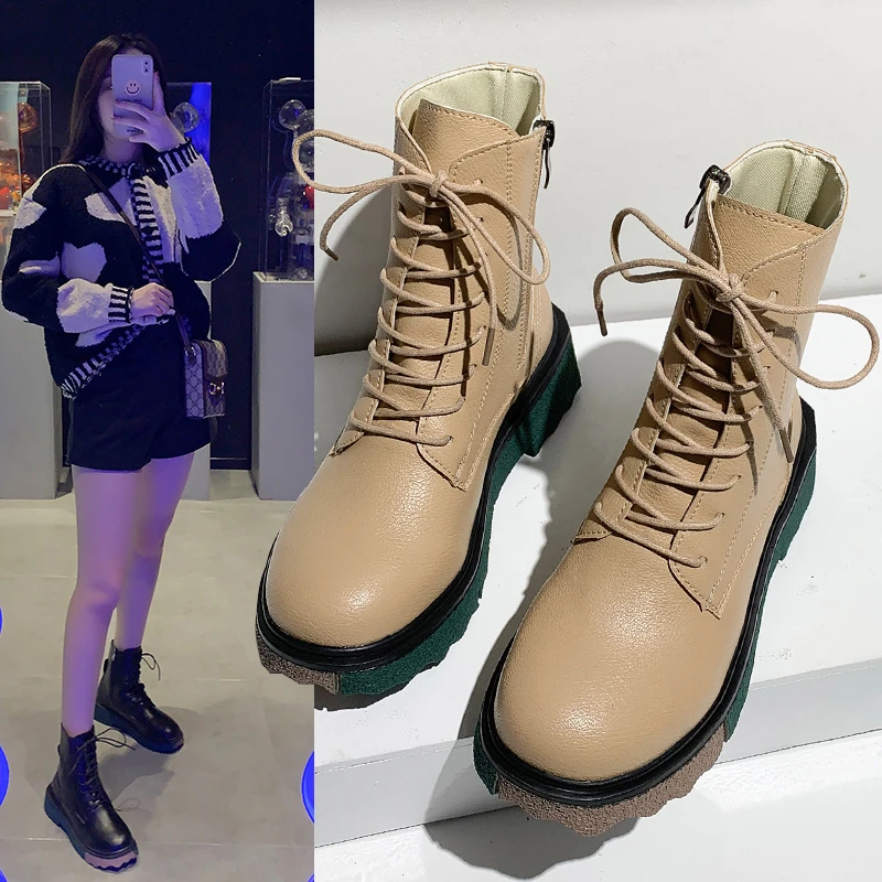 2021 New short Boots Women Plus Cashmere Warm All-match Autumn and Winter High-top Fashion Mid-tube Boots Basic Sleek Women's