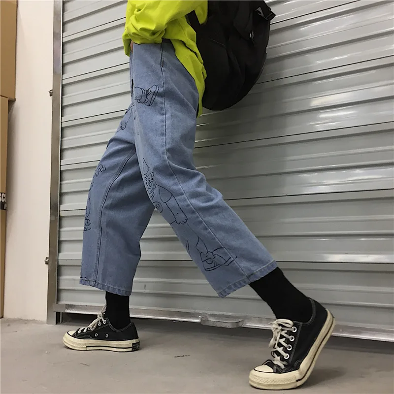 

Harajuku Cartoon Graffiti Print Jeans Woman Loose Wide Leg Jeans Streetwear Women Straight Leg Denim Pants Trousers