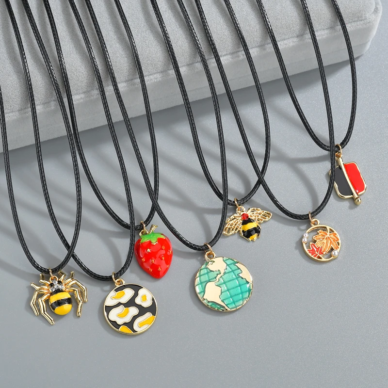 Чёрная веревка ожерелье для женщин Ctue клубника паук пчела подвеска красочная