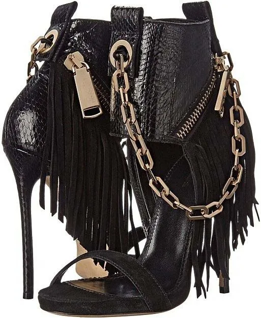

Black texture side tassel gold chain sexy fashion high heel sandals