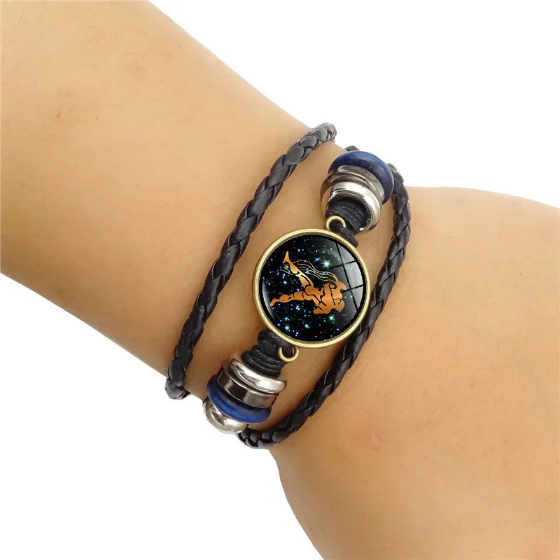 WG 1pc Twelve constellations Bracelet Handmade Woven Beaded Retro DIY Time Gem&stone Cabochon Bracelet Jewelry For Family Gift