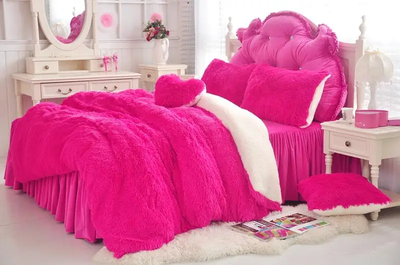 

41 Pink Shaggy Plush Duvet Cover Set Violet Faux Fur Bedding Twin Queen King Size Bedding Set with Blanket Cover Ruffle Bedskirt