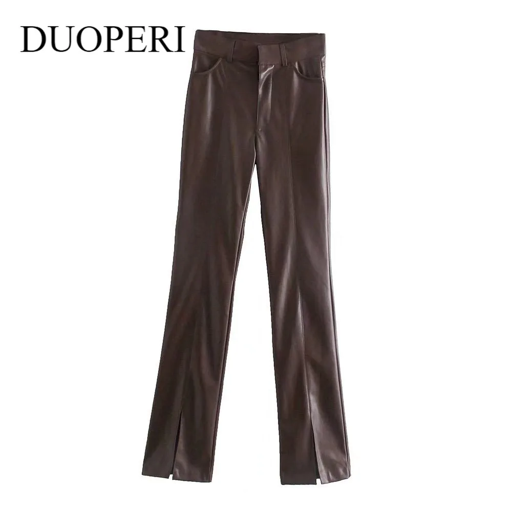 

DUOPERI Women Fashion Faux Leather Pants with Slits High Waist Front Zipper Casual female PU Trousers Chic Lady Pants Winter