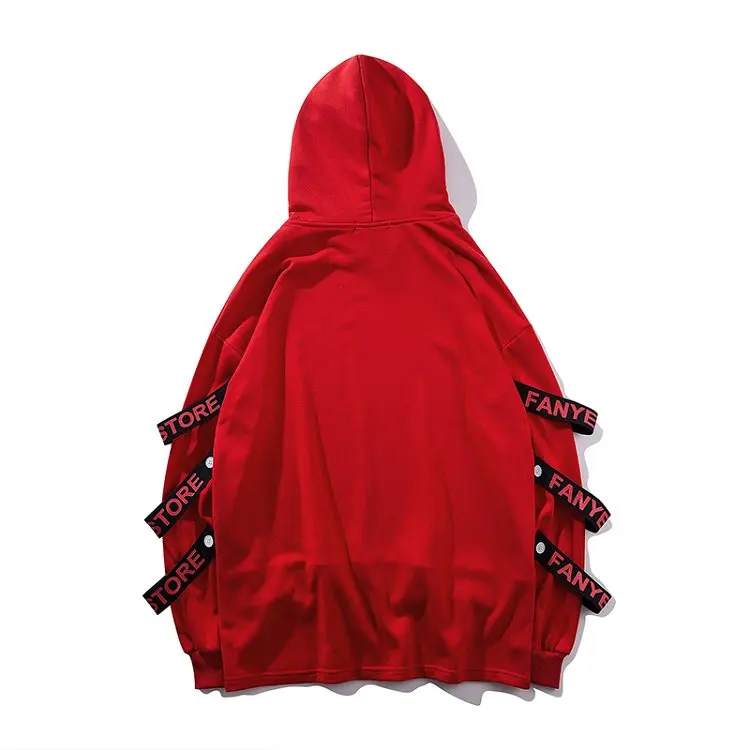 

Autumn winter men ribbons patchwork hip hop hoodie black red streetwear women fake two piece vintage hoodies fleece sweatshirt